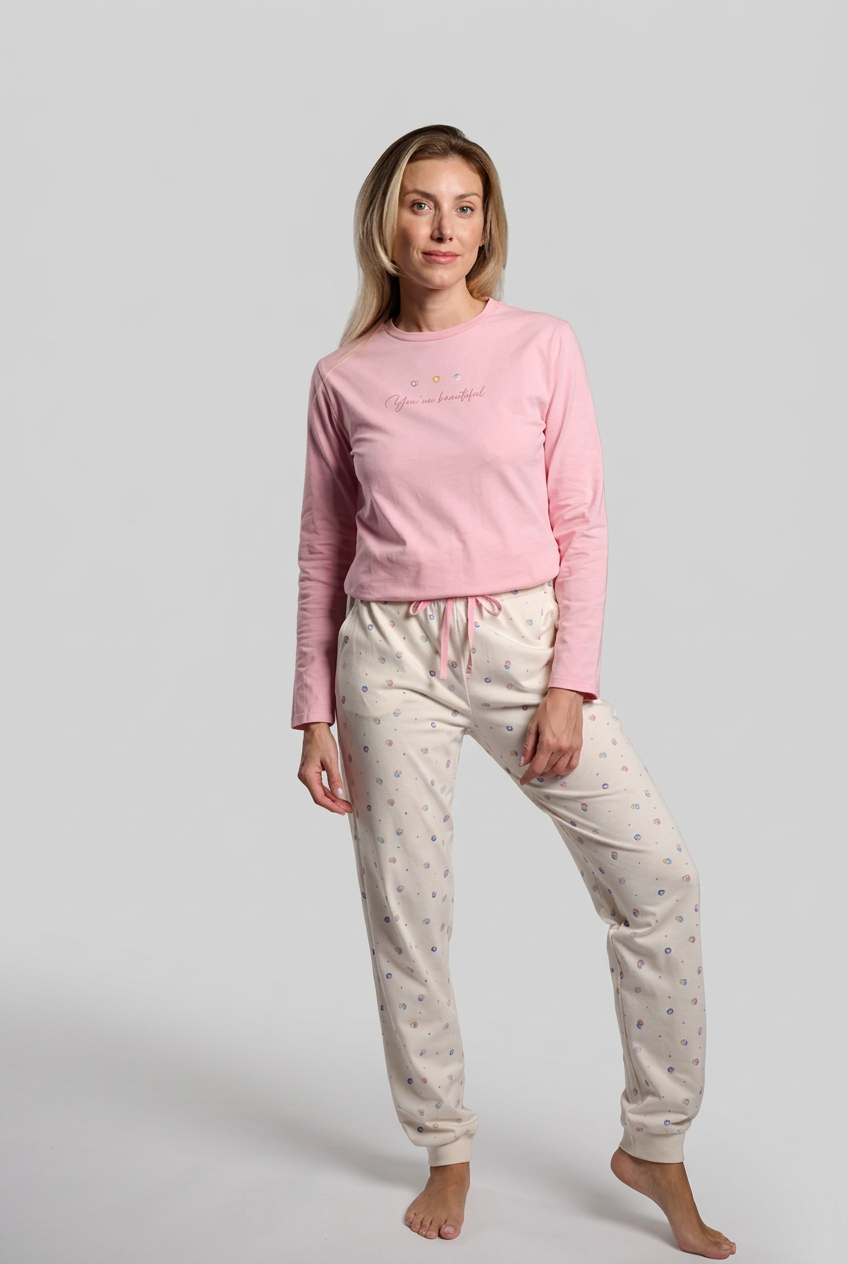 Pijama largo algodón mujer rosa y blanco