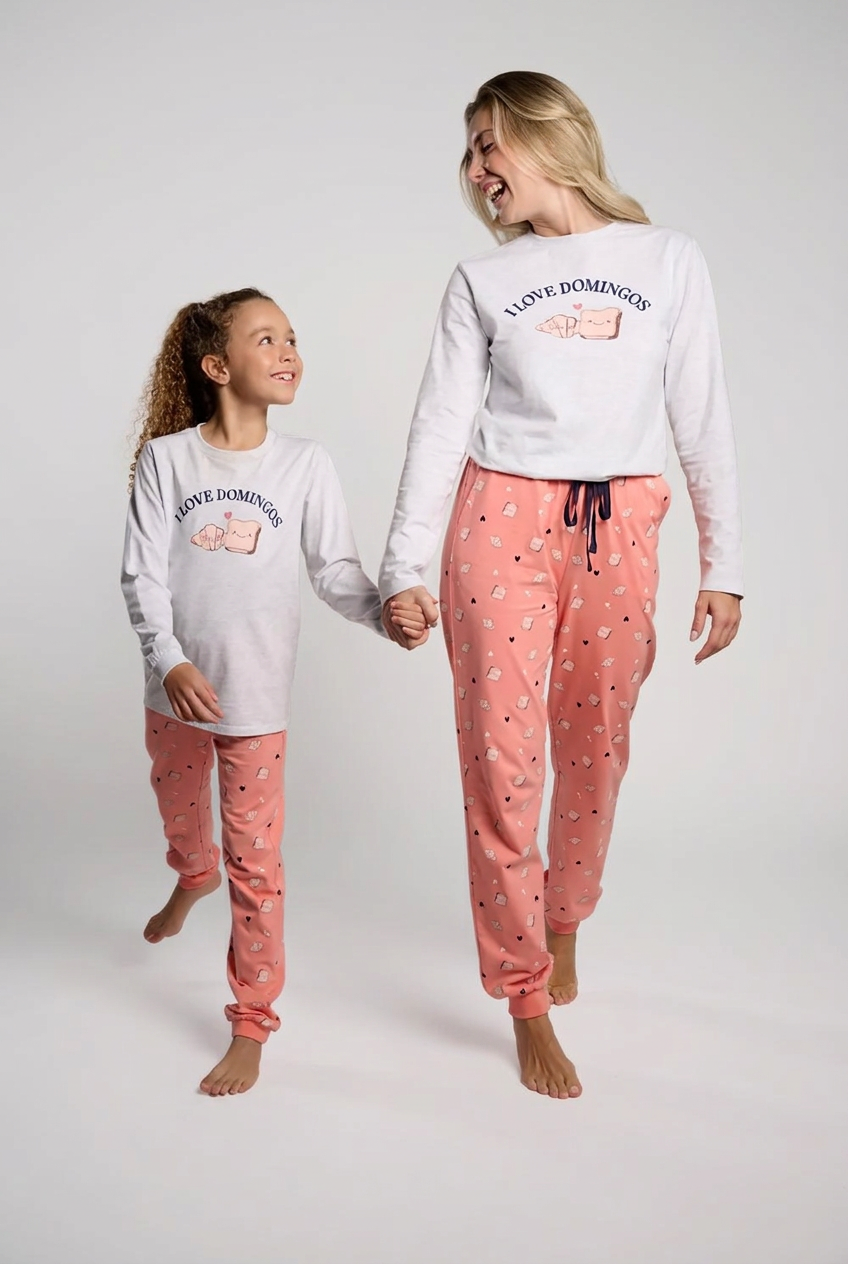 Pijama largo algodón mujer I love domingos coral