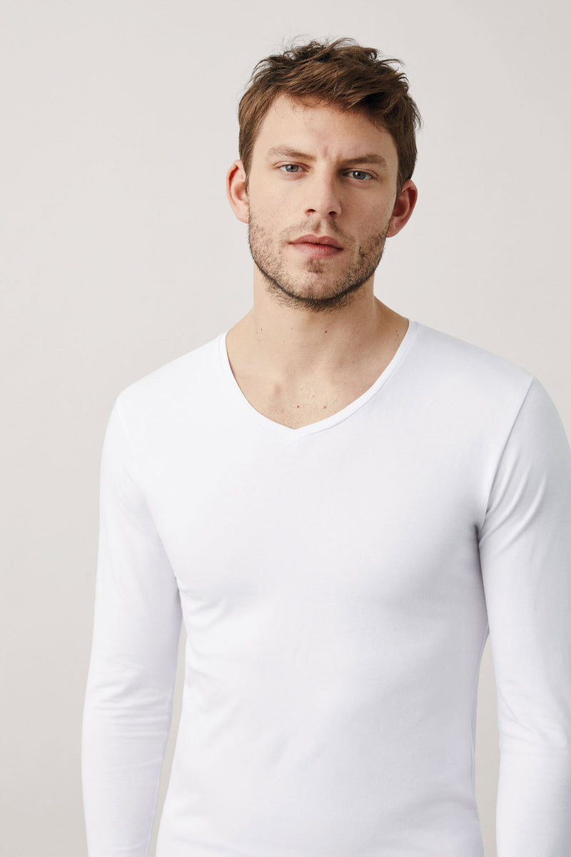 20101 2 camiseta interior manga larga cuello pico hombre - Blanco